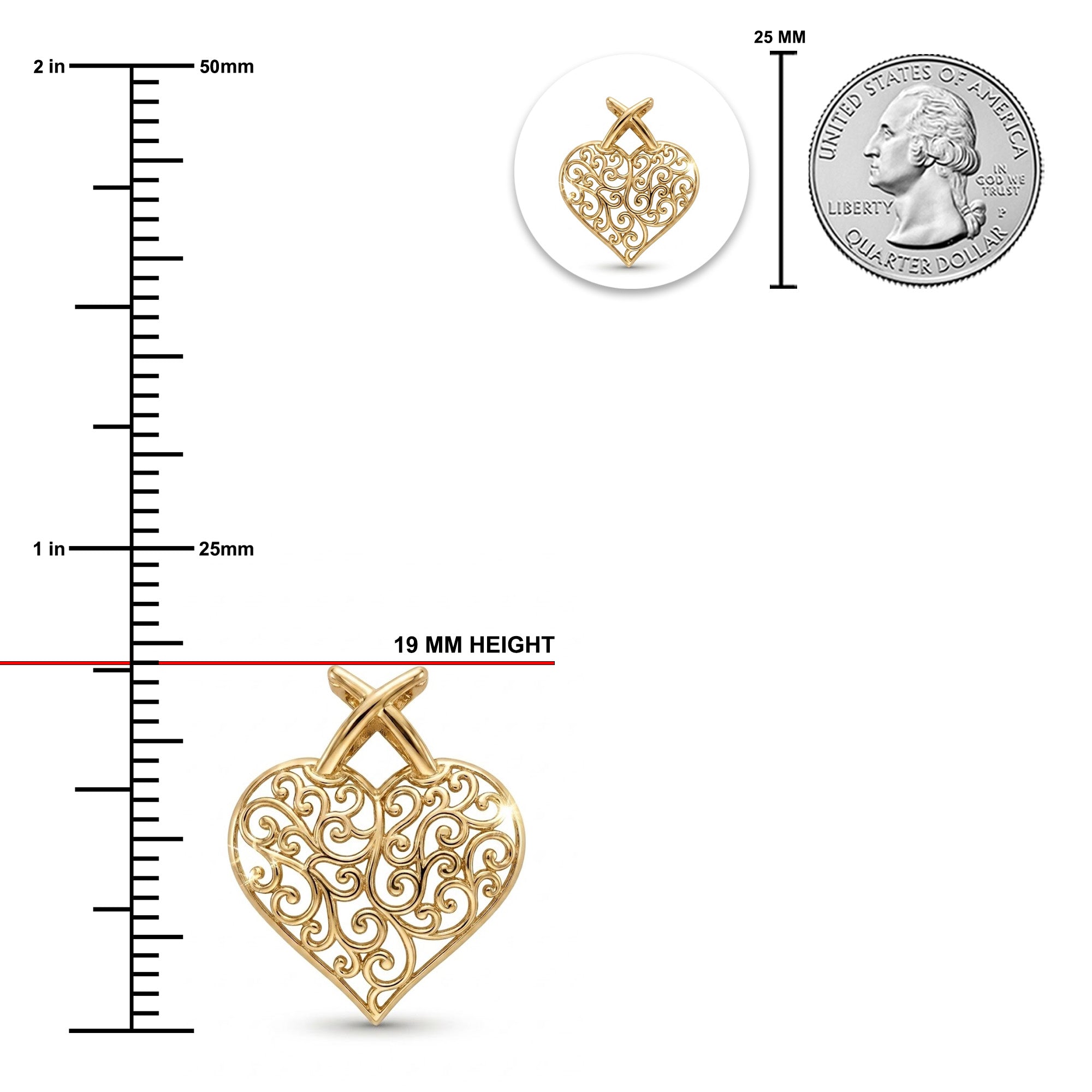 Gold heart-shaped filigree pendant with crossed loops at the top, shown with a 19 mm height measurement, a 25 mm scale ruler, and a US quarter coin for size reference on a white background.