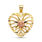 Gold heart-shaped pendant with a rose gold flower in the center on a white background