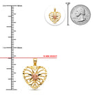 Gold heart-shaped pendant with floral design, size comparison with a quarter coin, and measurement scale.