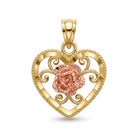 A heart-shaped pendant in yellow gold with an openwork scroll design and a textured rose gold rose in the center, shown on a plain white background.
