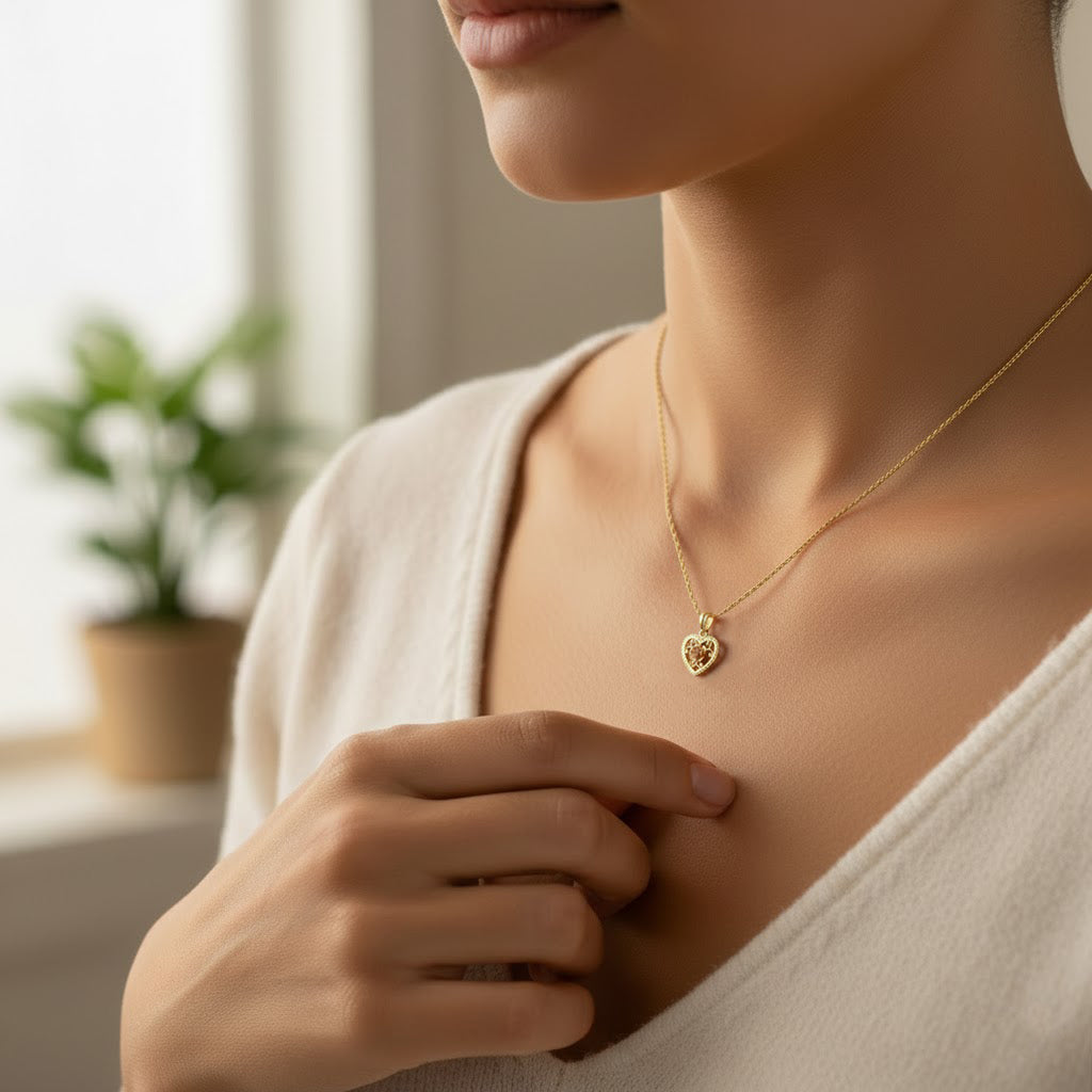 A close-up lifestyle shot of a woman wearing a delicate gold heart pendant necklace, adjusting it with her hand. She is wearing a soft cream-colored top, and a blurred indoor background with a plant is visible in the background.