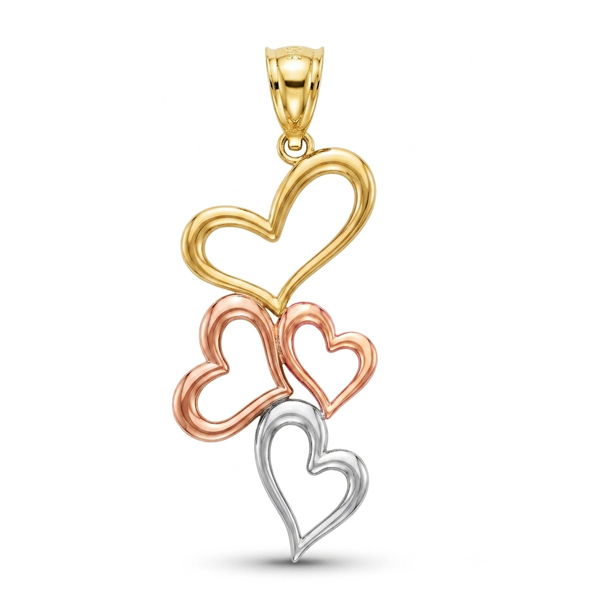 A three-heart pendant charm made of yellow gold, rose gold, and white gold, stacked vertically on a clean white background.