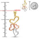 Three interlocking open heart pendant charms in yellow gold, rose gold, and silver, shown with measurement rulers, a 38 mm height indicator, and a 25 mm coin for scale on a white background.