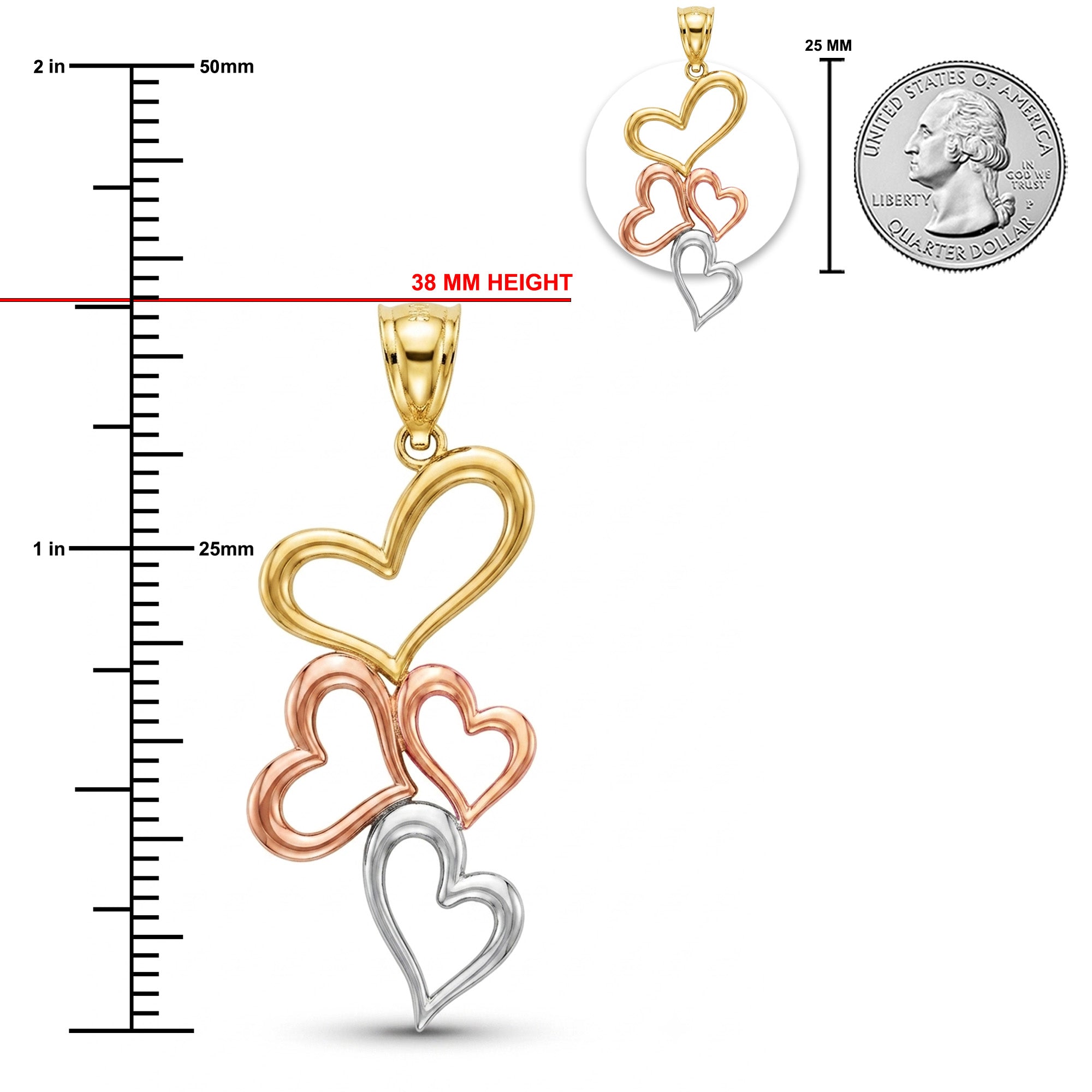 Three interlocking open heart pendant charms in yellow gold, rose gold, and silver, shown with measurement rulers, a 38 mm height indicator, and a 25 mm coin for scale on a white background.