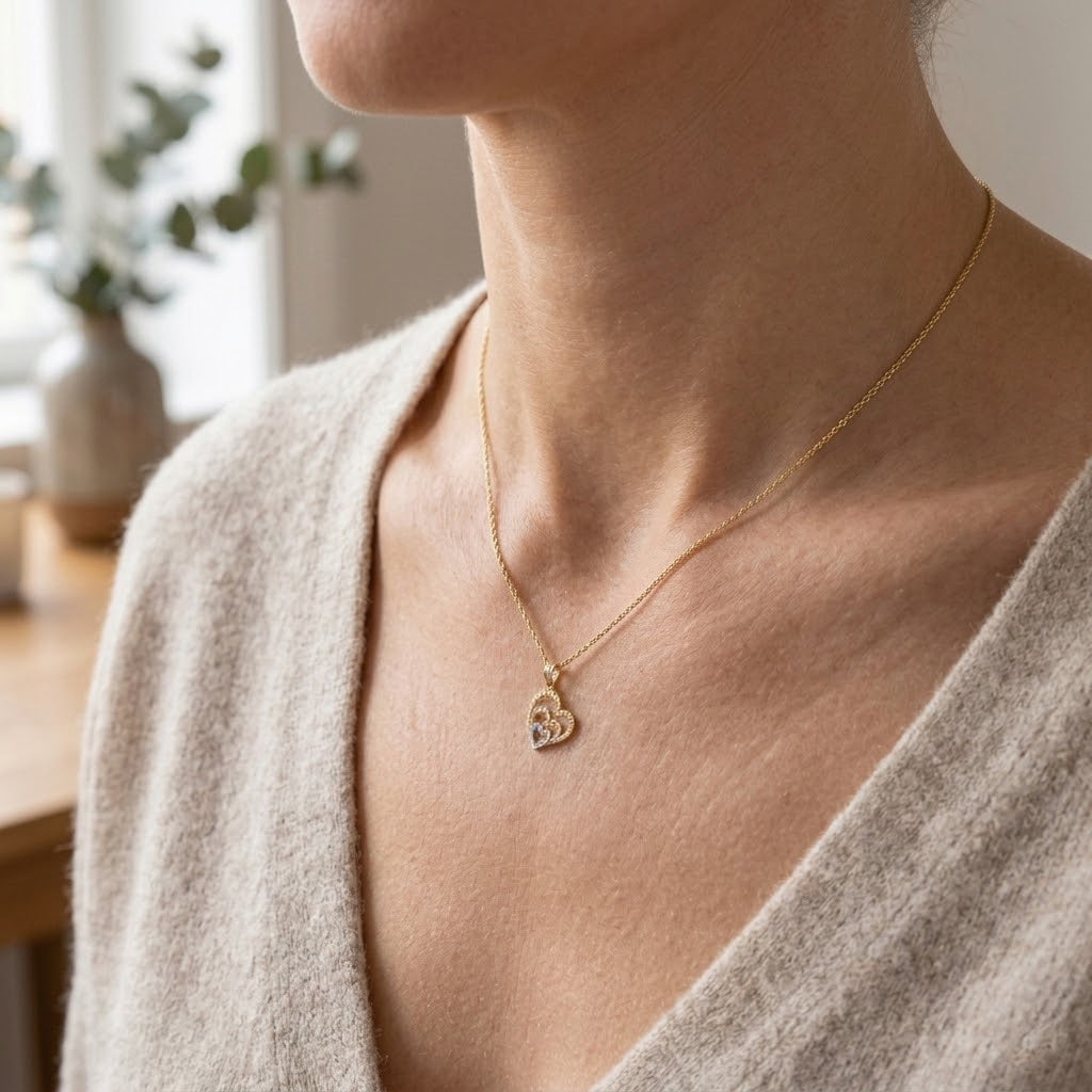 gold triple heart pendant  on female model 