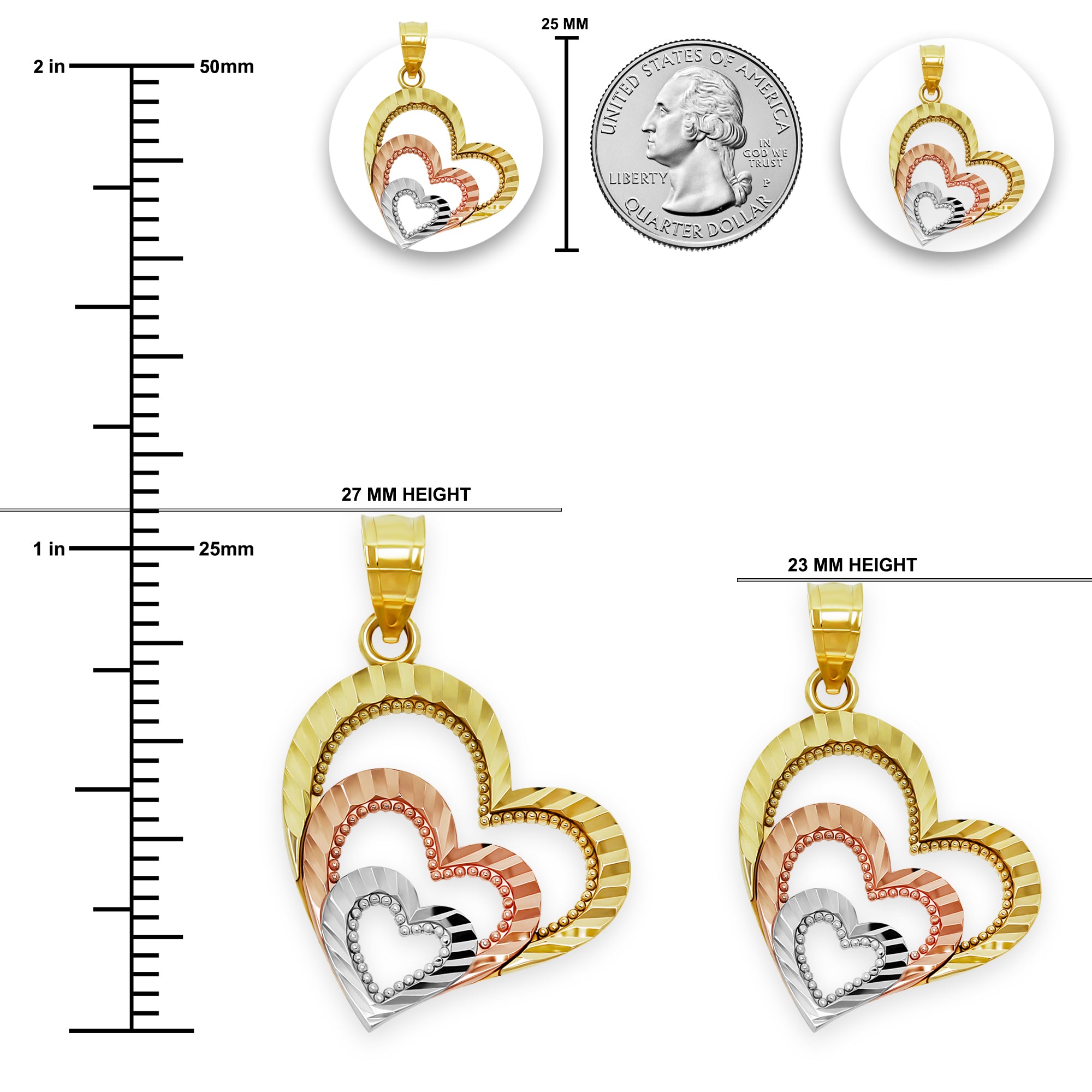 gold triple heart pendant sizing