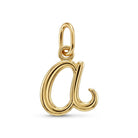 [group:a-10k-gold] A polished yellow gold initial pendant charm shaped like the lowercase letter 'a', featuring a smooth, rounded design with a hanging loop at the top, shown on a clean white background.