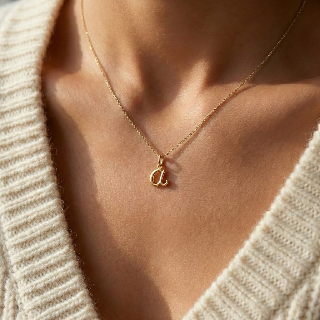 [group:a-10k-gold] A close-up of a person wearing a delicate gold chain necklace with a small lowercase letter 'a' pendant, styled with a cream-colored ribbed knit V-neck sweater.