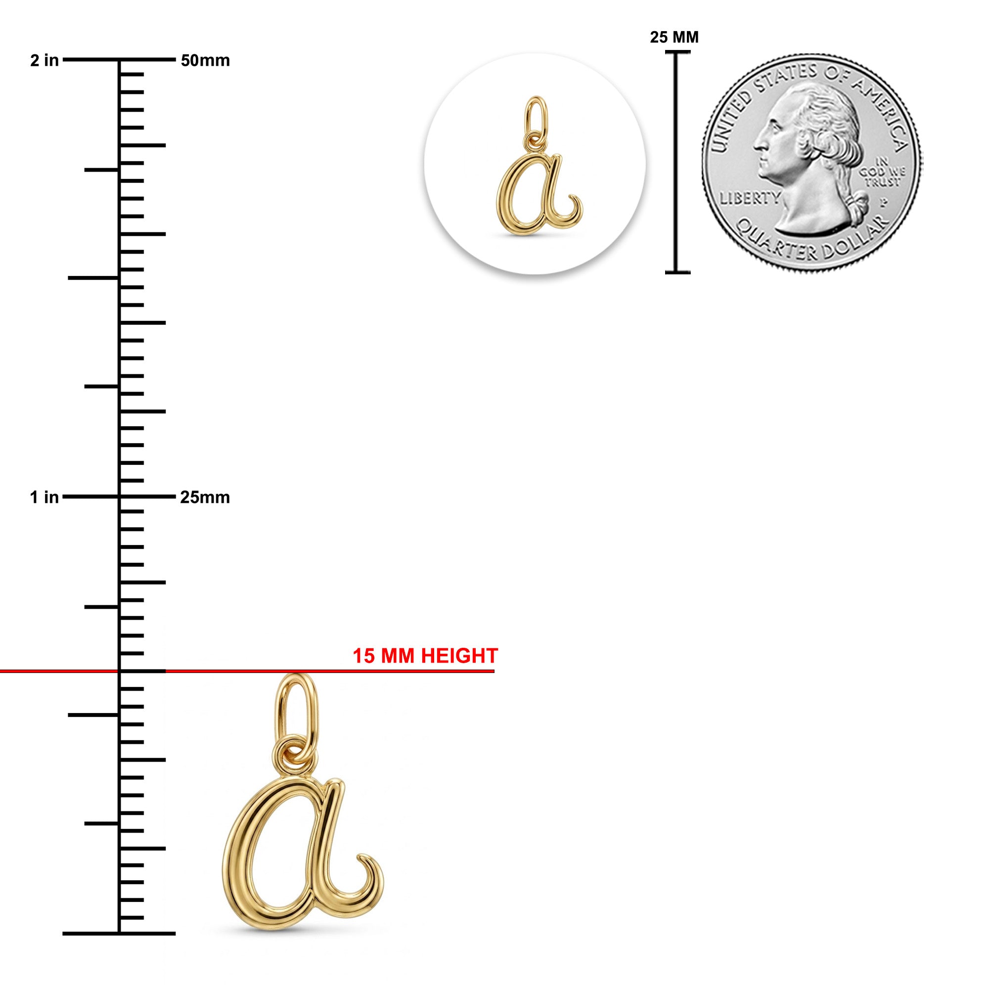 [group:a-10k-gold] Gold initial pendant charm shaped like the letter 'a', shown with a measurement ruler in millimeters and inches, a 25 mm coin scale reference, and a small circular inset of the pendant.