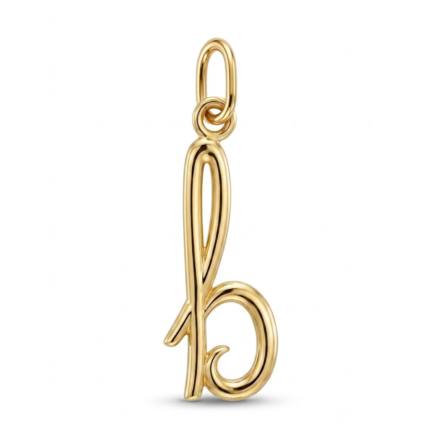 [group:b-10k-gold] A polished yellow gold initial pendant charm shaped like the lowercase letter 'b', shown on a clean white background.