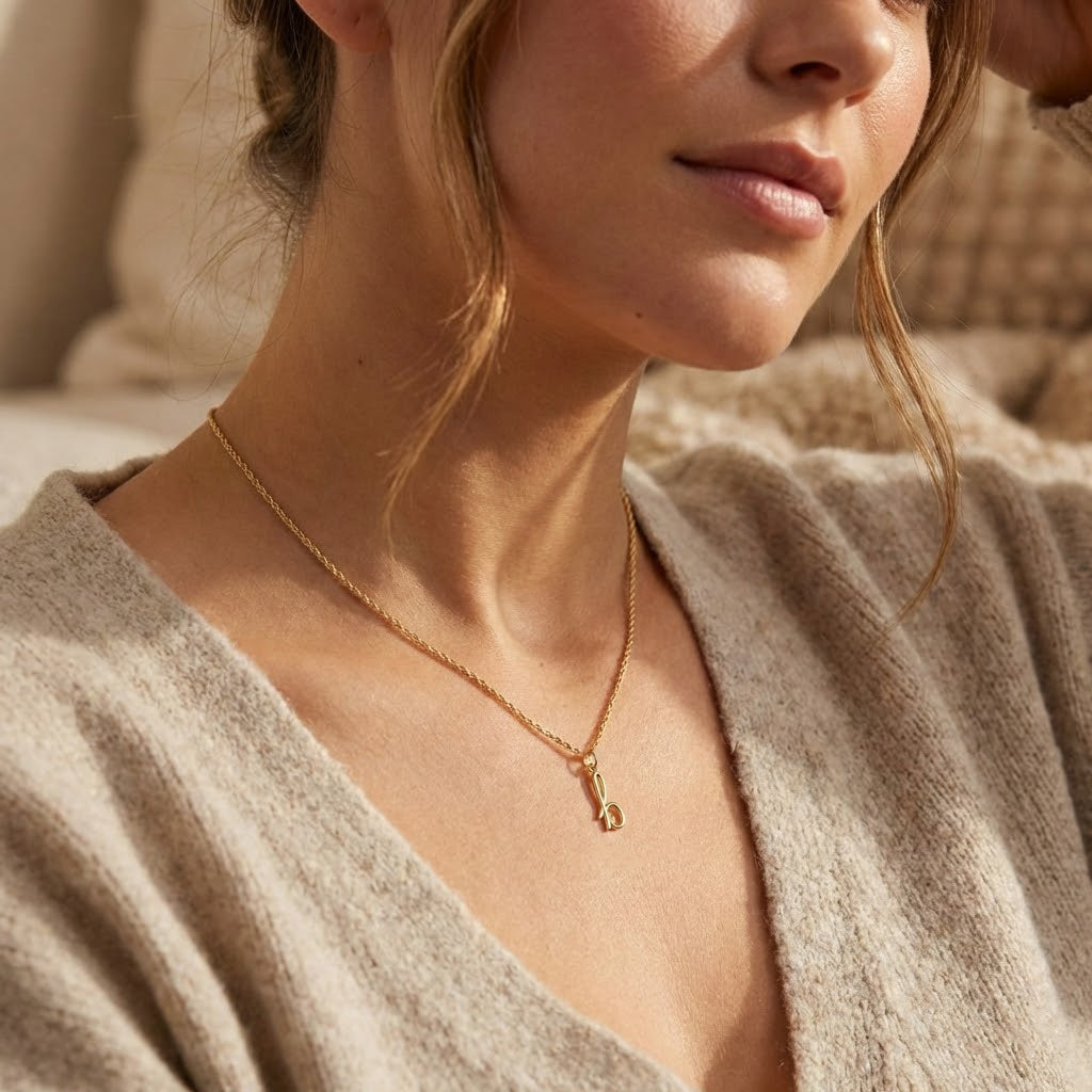 [group:b-10k-gold]A close-up lifestyle shot of a woman wearing a delicate gold chain necklace with a small letter 'P' pendant, styled with a beige knit cardigan.