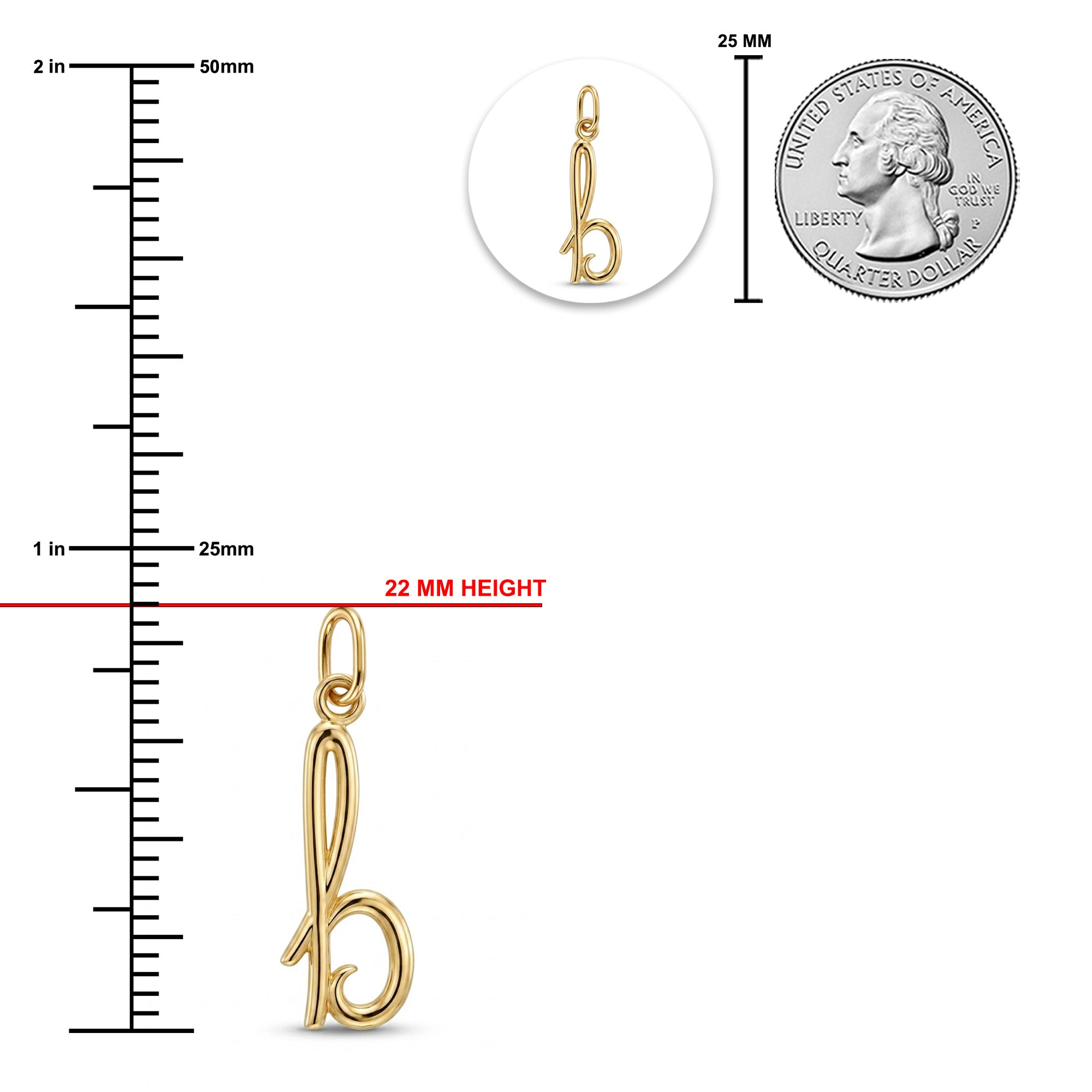 [group:b-10k-gold]Gold initial pendant charm shaped like a lowercase-style loop letter 'b', shown with a 25 mm height measurement, a US quarter coin for scale, and a ruler on a white background.