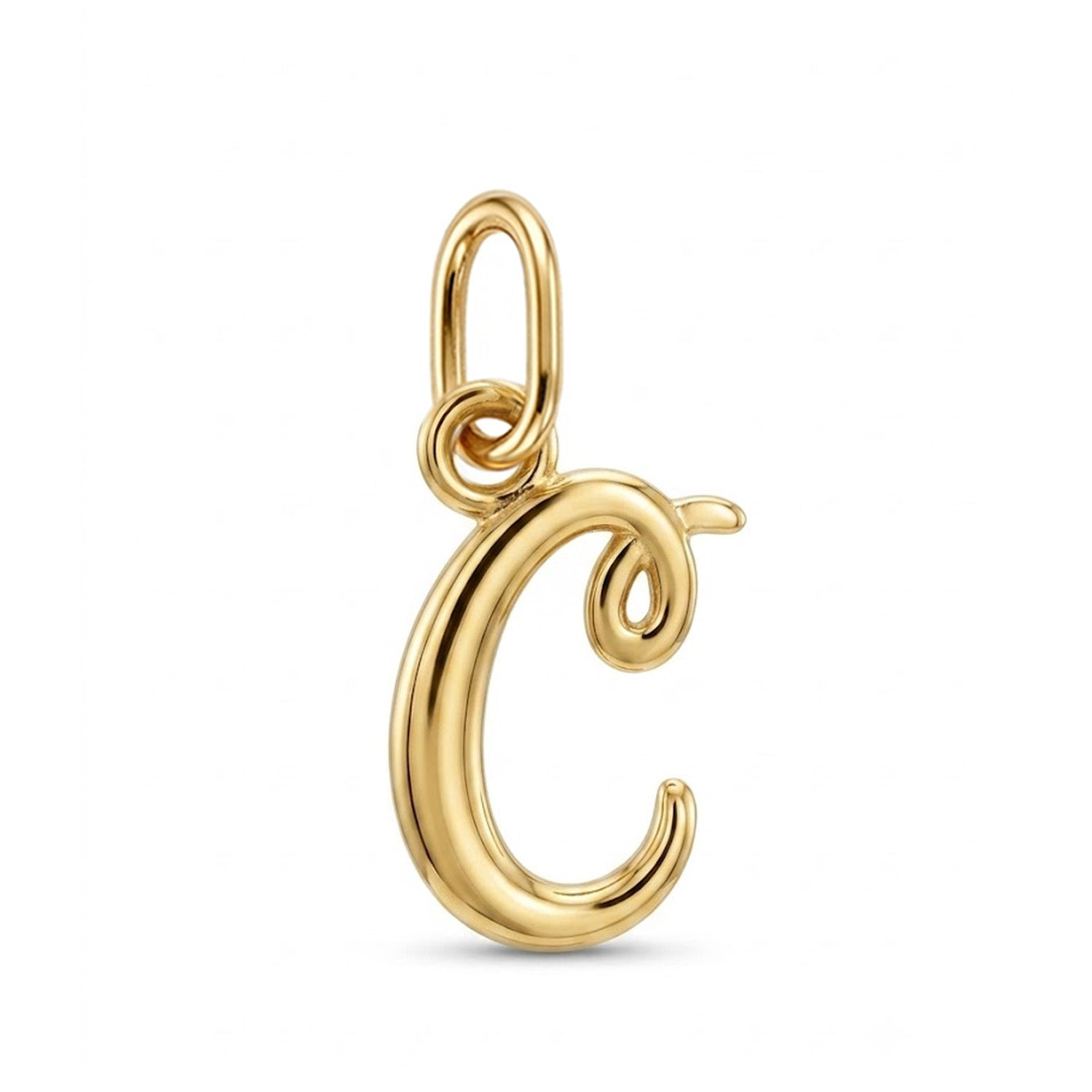 [group: c-10k-gold] A polished yellow gold initial pendant charm shaped like the letter 'C', featuring a smooth curved body and a top loop for attachment, shown on a clean white background.