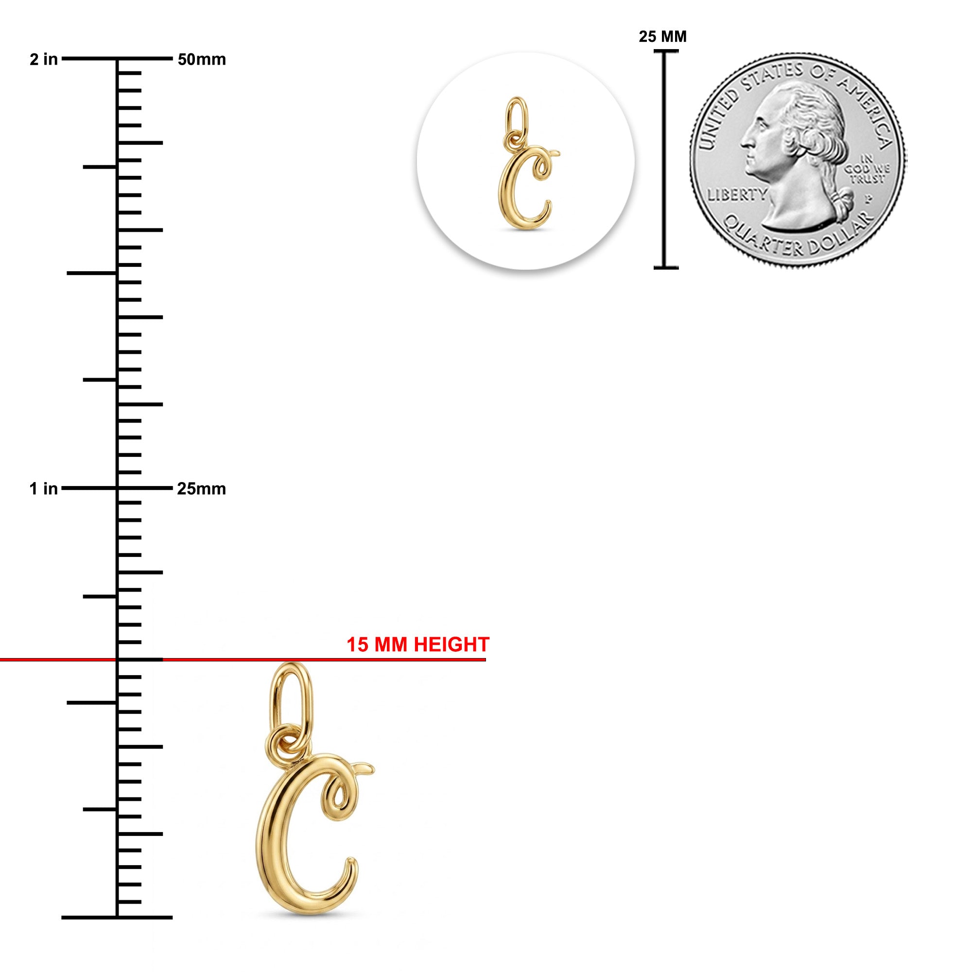 [group: c-10k-gold] Gold initial pendant charm shaped like the letter C, shown with a measurement ruler indicating 15 mm height, a circular inset of the pendant alone, and a quarter coin for scale on a white background.