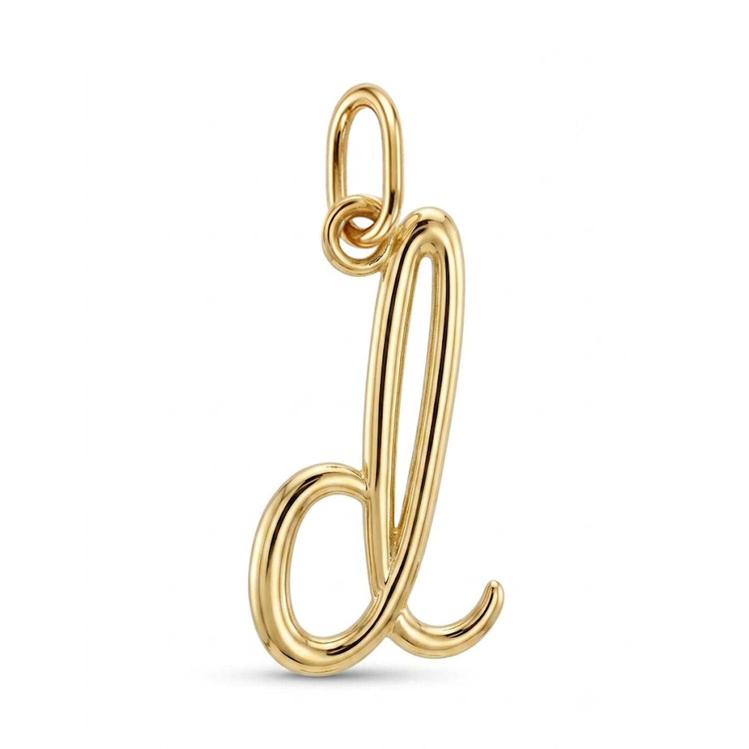[group: d-10k-gold] A polished yellow gold script letter 'd' pendant charm with a top loop, shown on a clean white background.
