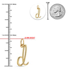 [group: d-10k-gold]Gold d-shaped pendant shown with measurement markings, a 25 mm height reference, and a quarter coin for scale on a white background.