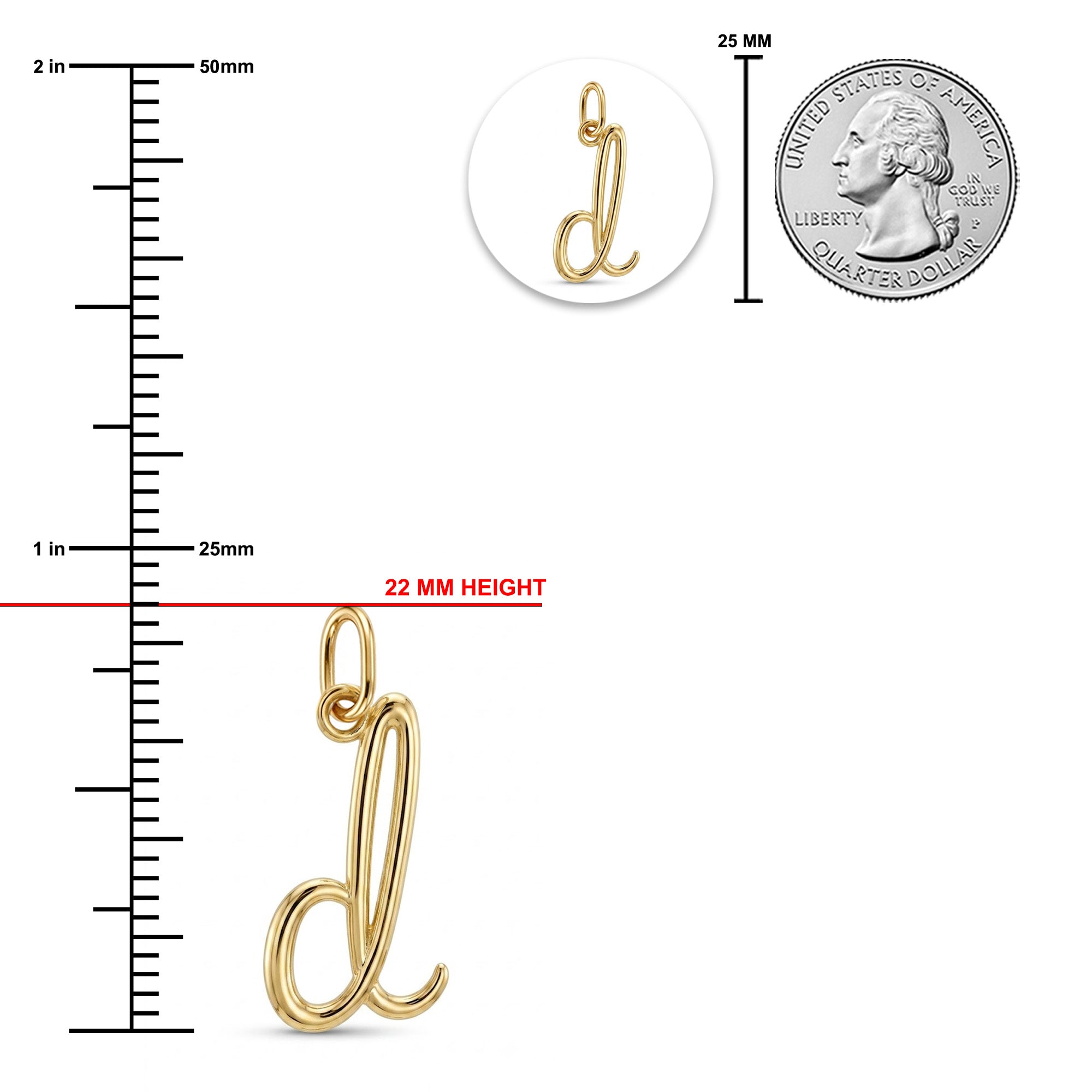 [group: d-10k-gold]Gold d-shaped pendant shown with measurement markings, a 25 mm height reference, and a quarter coin for scale on a white background.