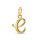 [group: e-10k-gold] A polished yellow gold initial pendant charm shaped like the lowercase letter 'e', featuring a smooth curved design and a top loop for attachment, shown on a clean white background.