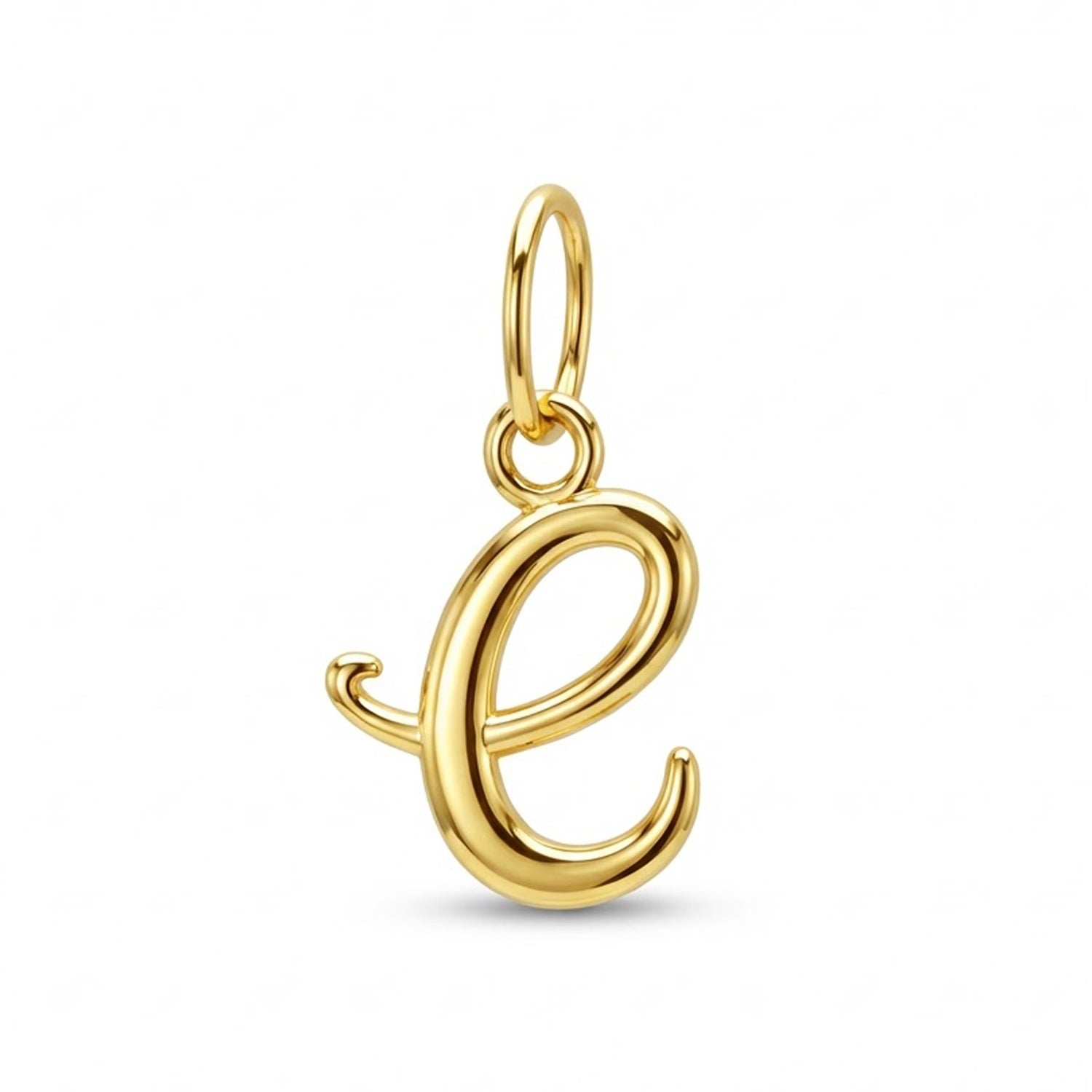 [group: e-10k-gold] A polished yellow gold initial pendant charm shaped like the lowercase letter 'e', featuring a smooth curved design and a top loop for attachment, shown on a clean white background.