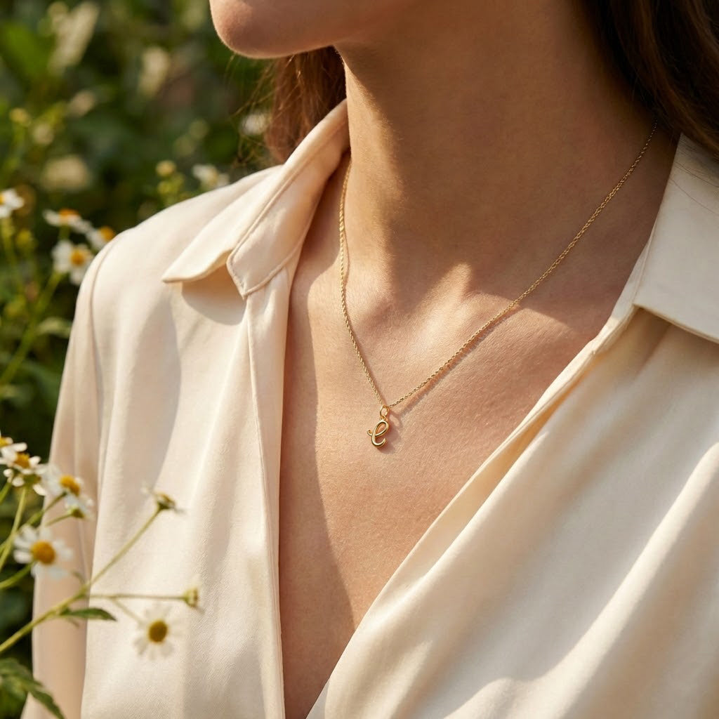 [group: e-10k-gold]A close-up lifestyle shot of a woman wearing a delicate gold necklace with a small initial pendant, styled with a cream satin shirt against a soft-focus garden background.