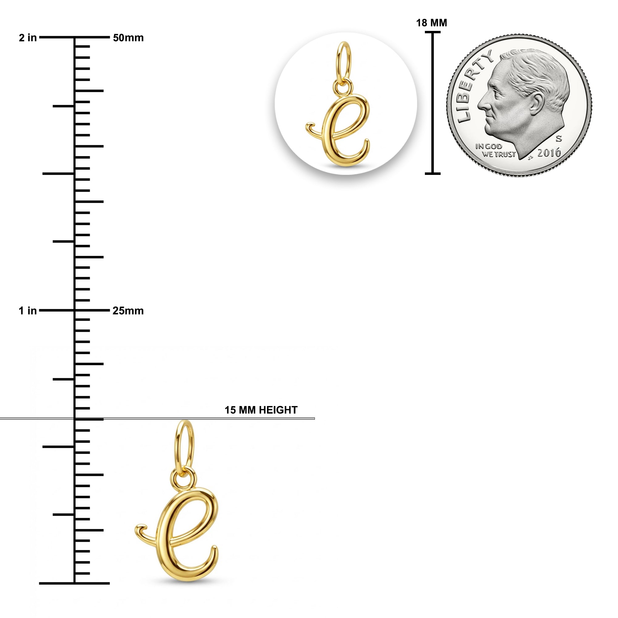 [group: e-10k-gold]Gold initial pendant charm shaped like the letter 'e', shown with measurement markings in millimeters and inches, alongside a 18 mm coin for scale, on a white background.