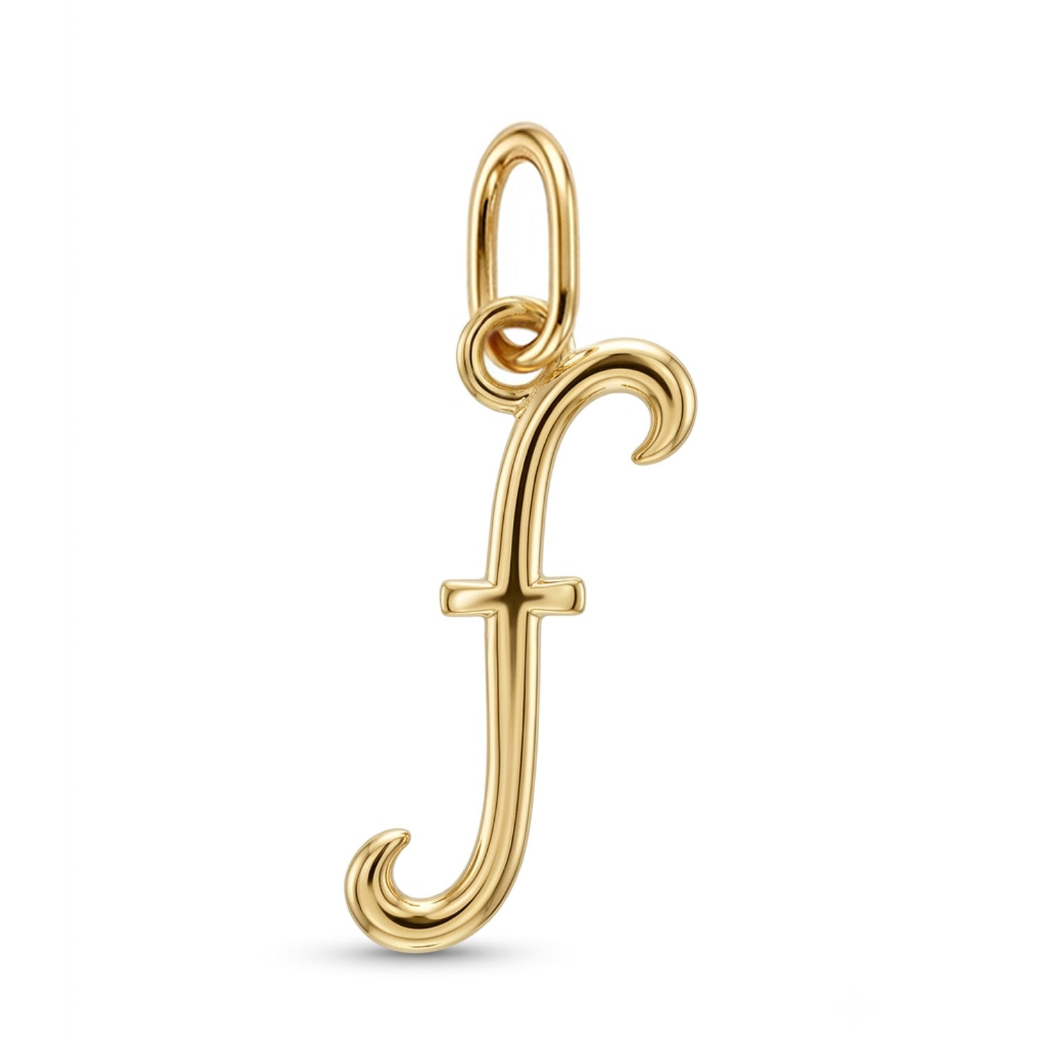 [group: f-10k-gold] A polished yellow gold initial pendant charm shaped like the lowercase letter 'f', featuring a smooth curved design and a top loop for attachment, shown on a clean white background. 