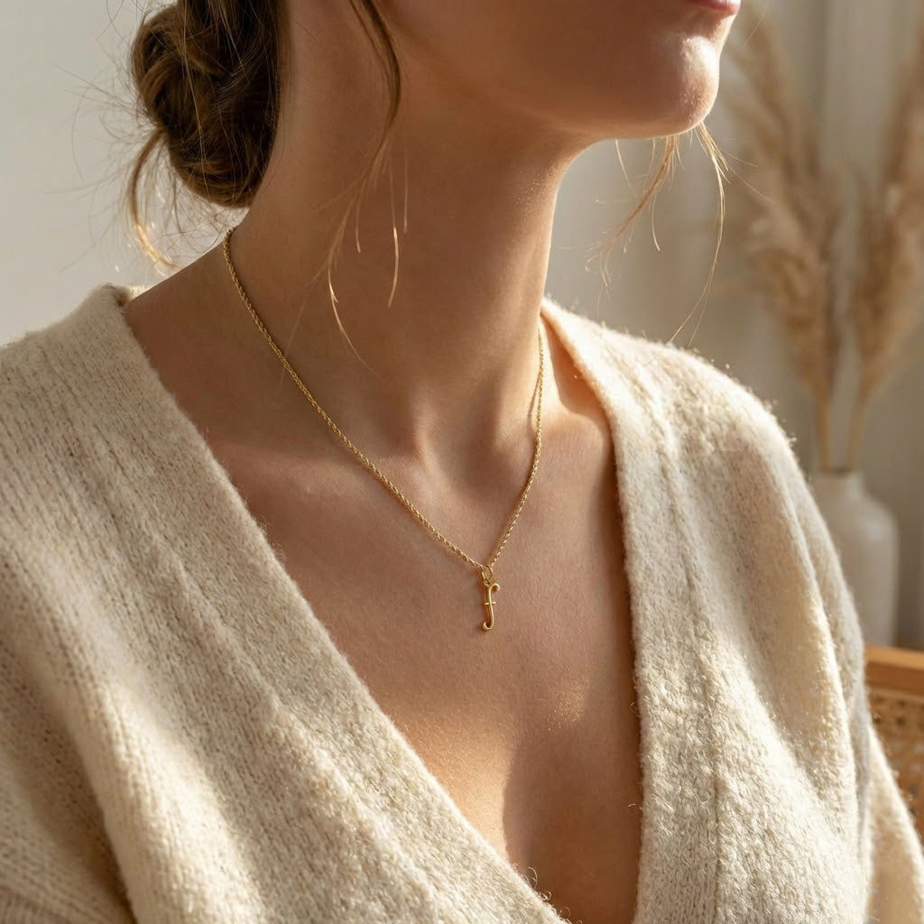 [group: f-10k-gold]A close-up lifestyle shot of a woman wearing a delicate gold chain necklace with a small key pendant, styled with a cream-colored knit cardigan.