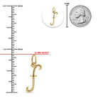 [group: f-10k-gold]Gold pendant charm with a hook-like design, shown with a 22 mm height measurement, a millimeter ruler scale, a circular detail inset, and a quarter coin for size reference on a white background.