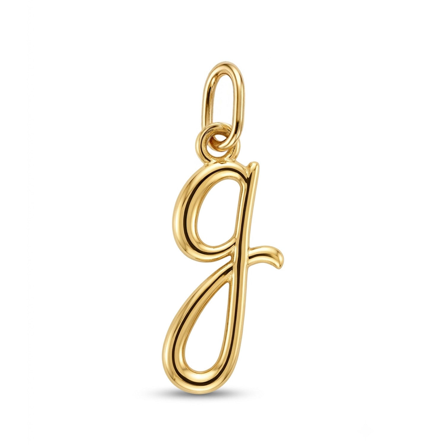 [group: g-10k-gold] A polished yellow gold script letter 'g' pendant charm, shown on a clean white background with a soft shadow.