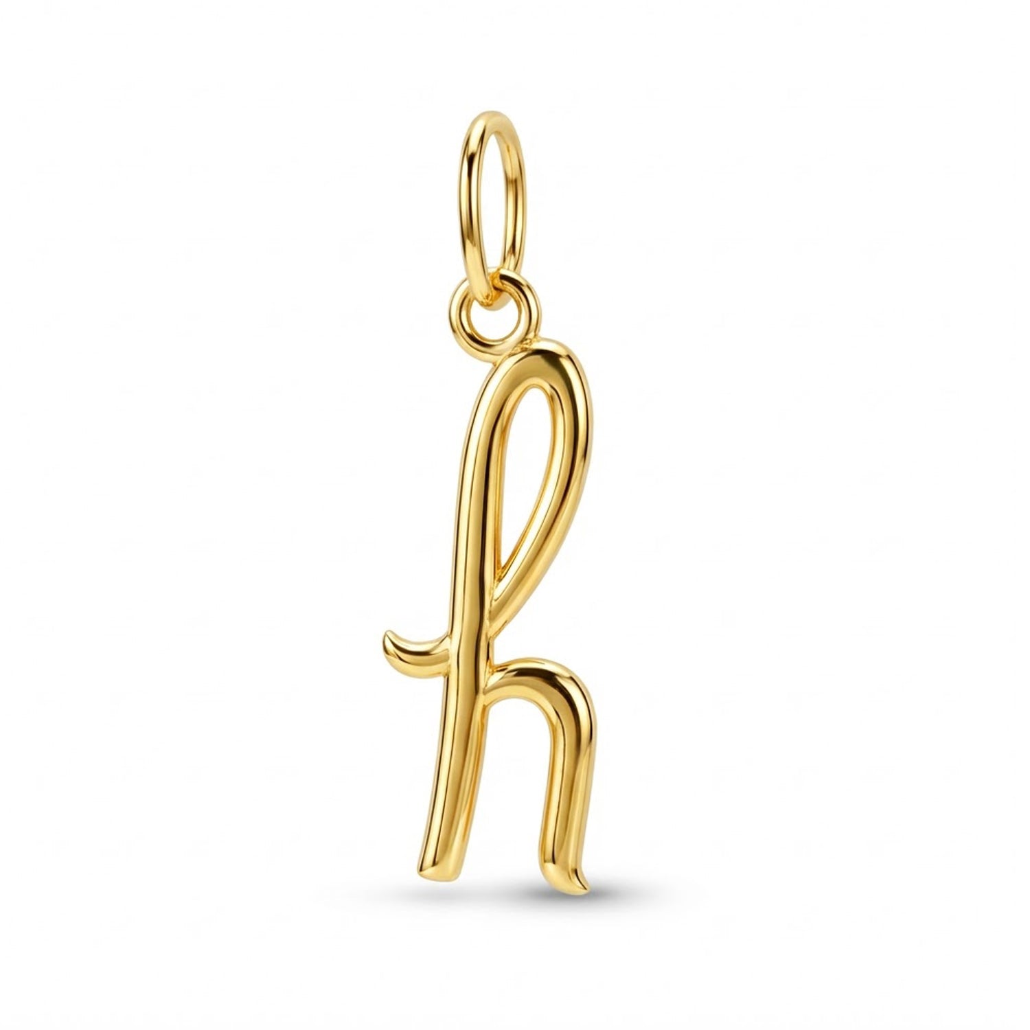 [group: h-10k-gold] A polished yellow gold initial pendant charm shaped like the lowercase letter 'h', shown on a clean white background with a soft shadow.
