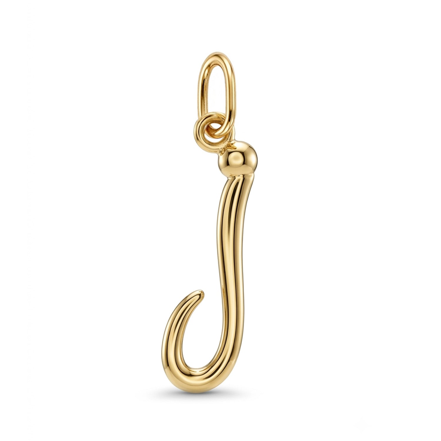 [group: j-10k-gold] A polished yellow gold pendant shaped like the letter 'J', featuring a smooth curved body and a small top loop, shown on a clean white background.