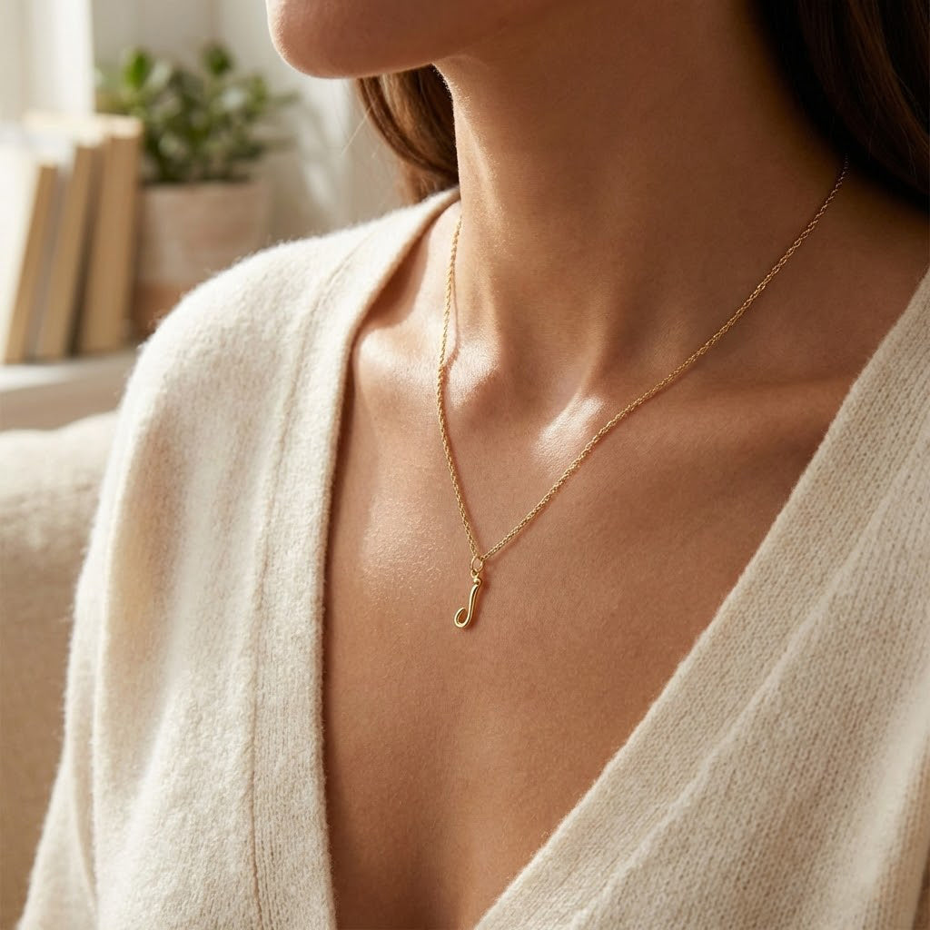 [group: j-10k-gold]  A close-up lifestyle shot of a woman wearing a delicate gold necklace with a small j initial  pendant, styled with a soft cream-colored knit cardigan.
