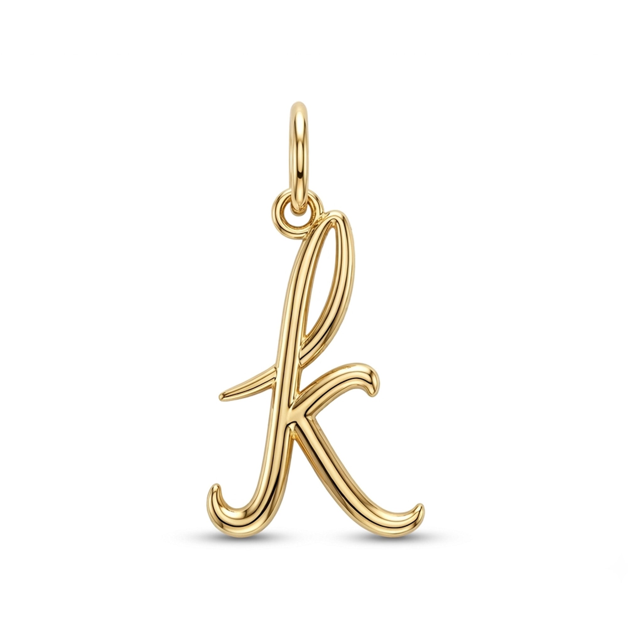 [group: k-10k-gold] A polished yellow gold initial pendant charm shaped like the lowercase letter 'k', shown on a clean white background.