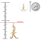 [group: k-10k-gold]Gold initial pendant charm shaped like the letter 'k', shown with measurement markings, a 25 mm height reference line, a circular inset of the pendant alone, and a U.S.