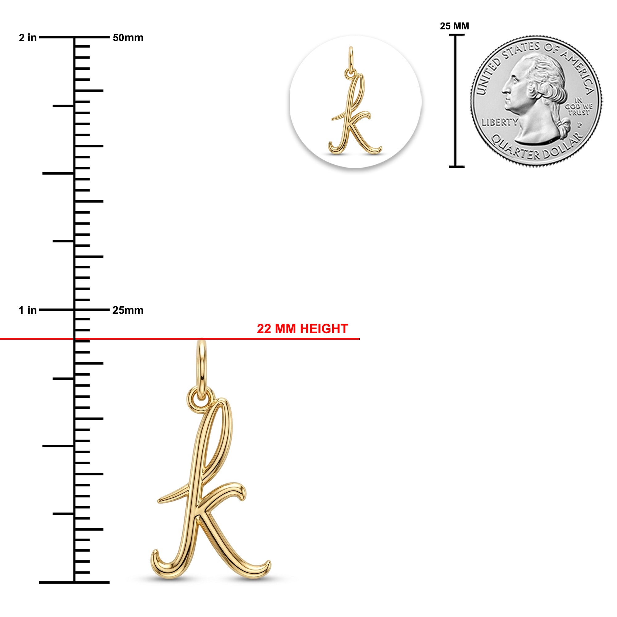 [group: k-10k-gold]Gold initial pendant charm shaped like the letter 'k', shown with measurement markings, a 25 mm height reference line, a circular inset of the pendant alone, and a U.S.