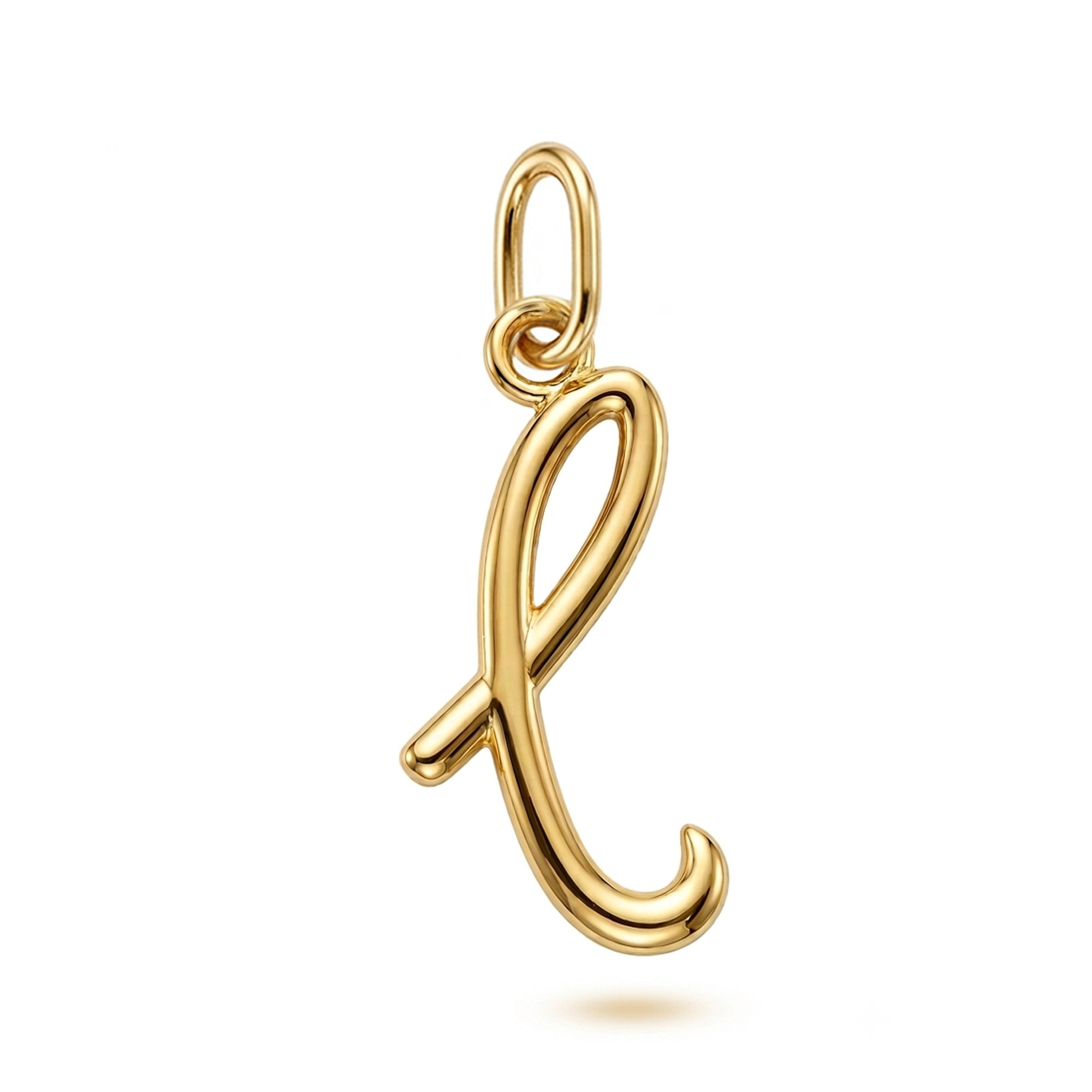 [group: l-10k-gold]A polished yellow gold initial pendant charm shaped like the lowercase letter 'l', shown on a clean white background with a soft shadow underneath.