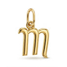 [group: m-10k-gold]A polished yellow gold pendant shaped like the astrological sign 'Scorpio' (the letter 'm' with curved legs), shown on a clean white background.
