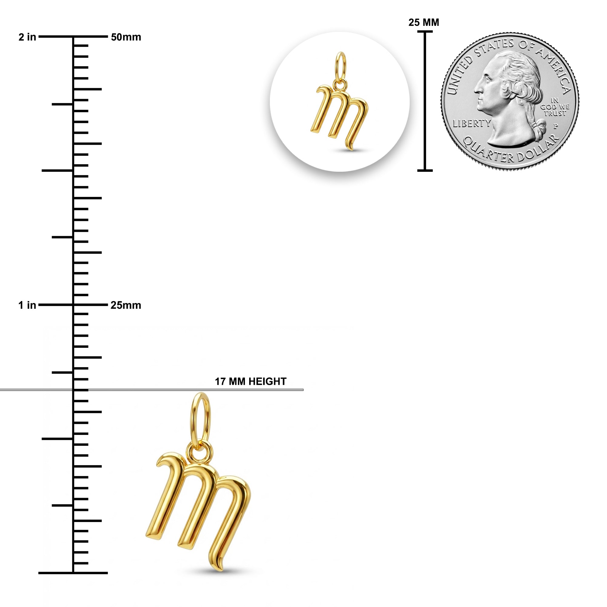[group: m-10k-gold]Gold pendant charm shaped like the astrological sign of Scorpio, shown with measurement markings, a 25 mm coin for scale, and a circular inset close-up on a white background.