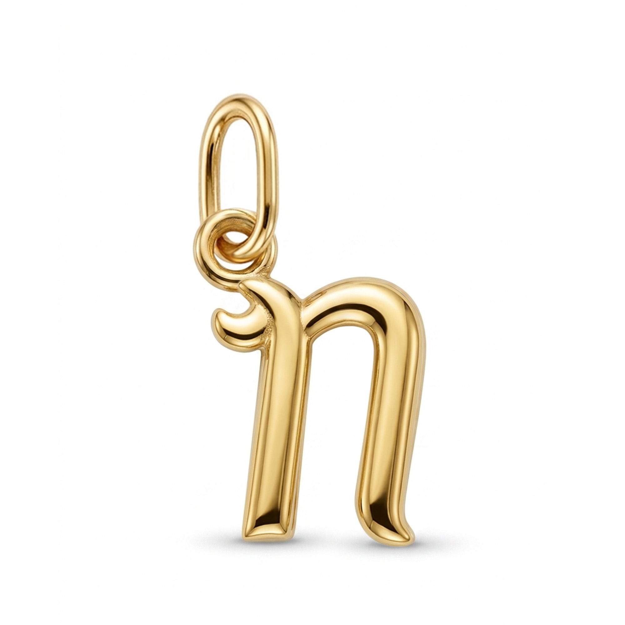 [group: n-10k-gold]A polished yellow gold pendant shaped like the Hebrew letter Nun, featuring a smooth curved design and a top loop for attachment, shown on a clean white background.