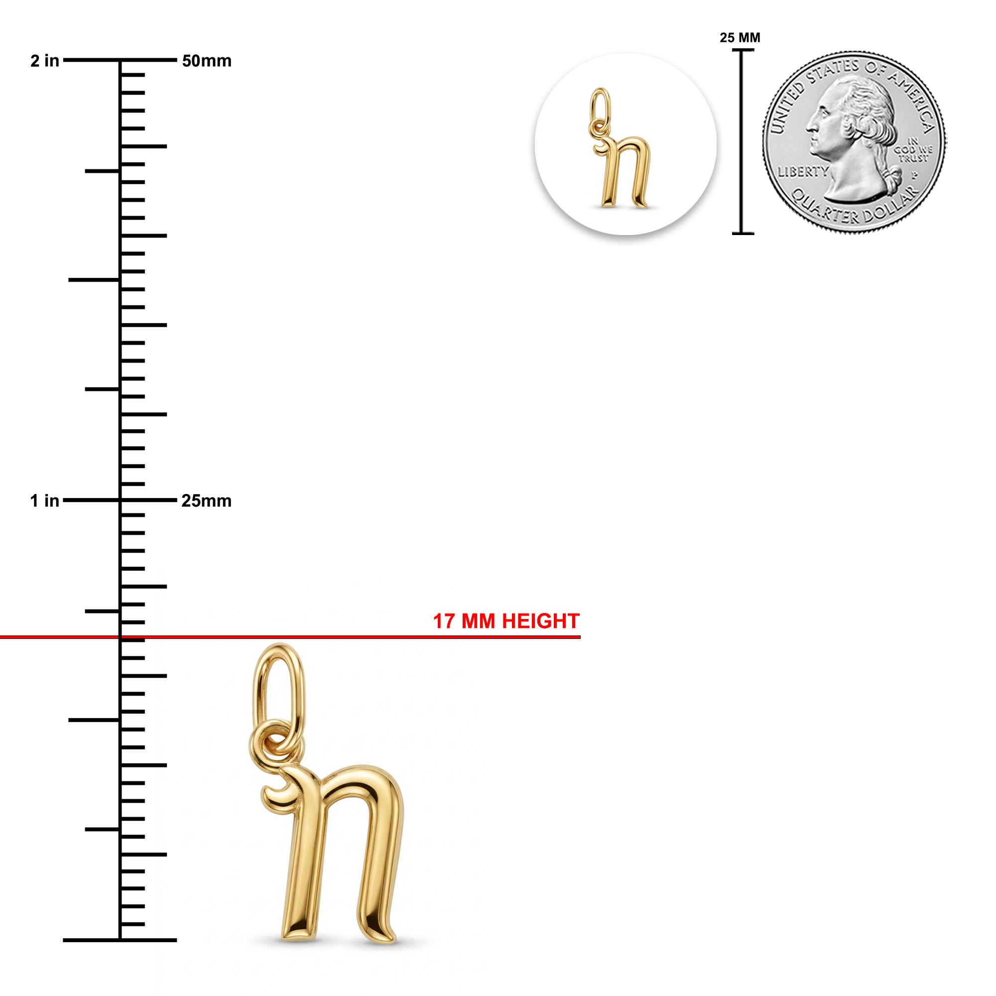 [group: n-10k-gold]Gold initial pendant shaped like the letter 'n', shown with a height measurement of 17 mm, a 25 mm coin scale reference, and a vertical inch ruler on a white background.