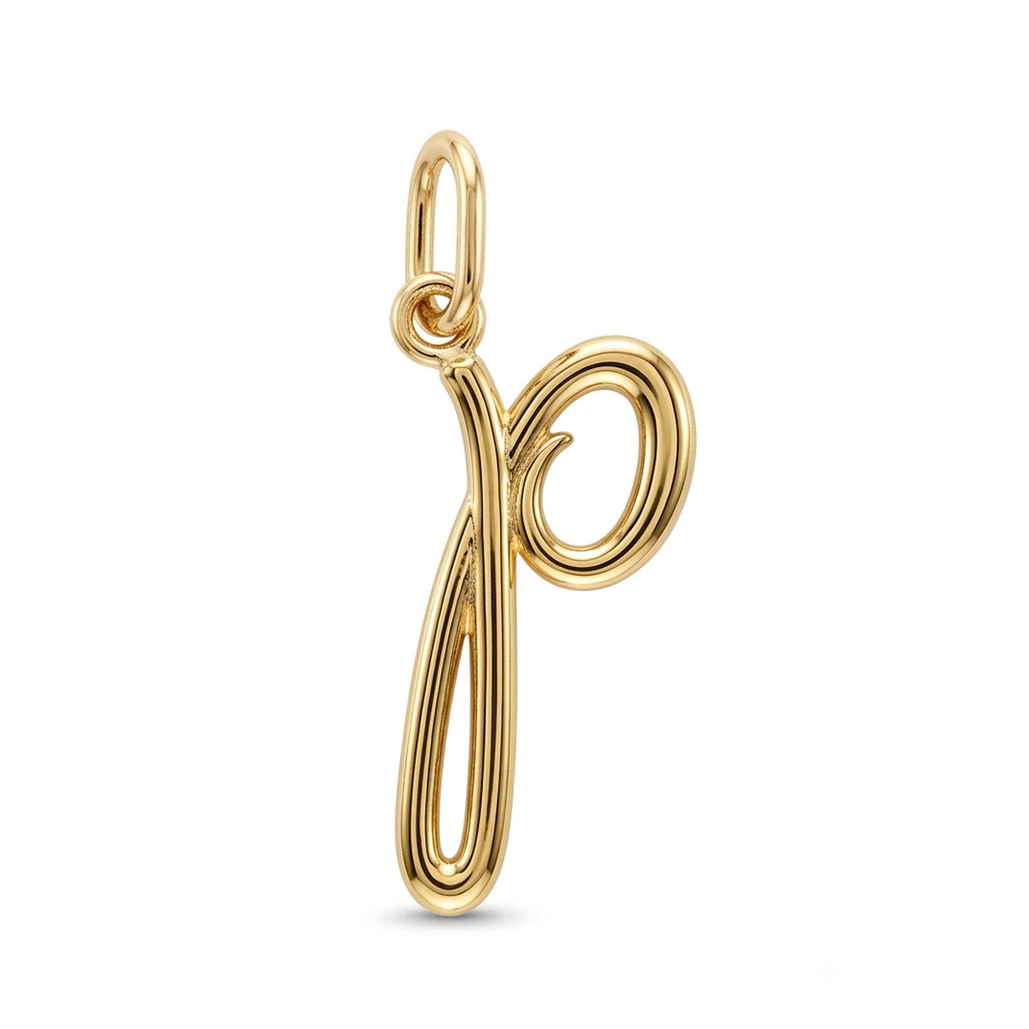 [group: p-10k-gold] A polished gold initial pendant shaped like the letter 'p', featuring a textured, ribbed finish and a smooth bail at the top, shown on a clean white background.