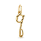[group: q-10k-gold] A polished yellow gold script letter 'q' pendant charm on a clean white background.