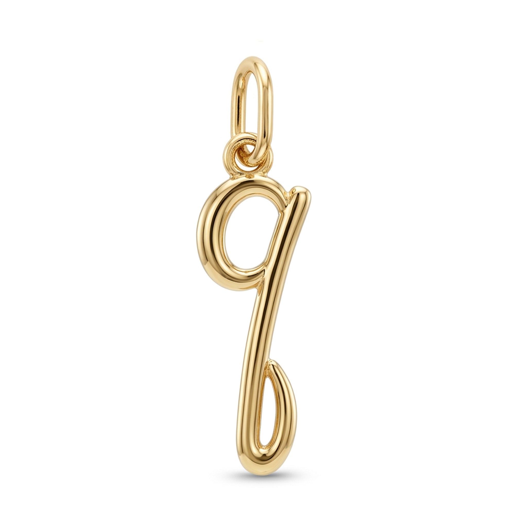 [group: q-10k-gold] A polished yellow gold script letter 'q' pendant charm on a clean white background.