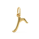 [group: r-10k-gold] A polished yellow gold pendant shaped like the astrological sign of Pisces, featuring a curved body and a top loop for a chain, shown on a clean white background.