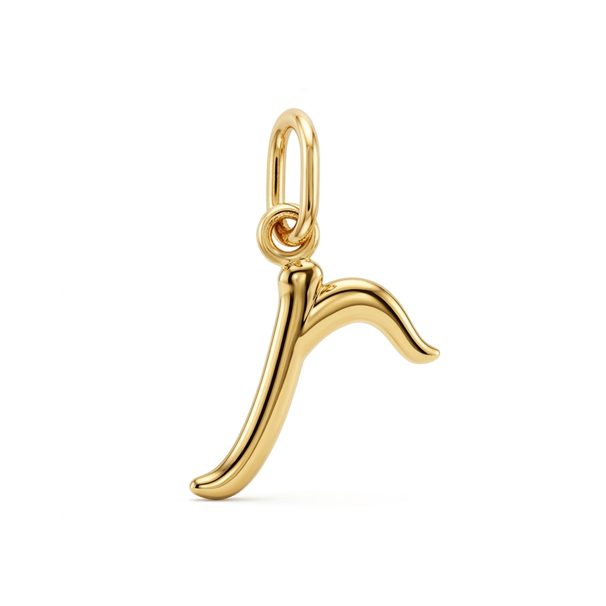 [group: r-10k-gold] A polished yellow gold pendant shaped like the astrological sign of Pisces, featuring a curved body and a top loop for a chain, shown on a clean white background.
