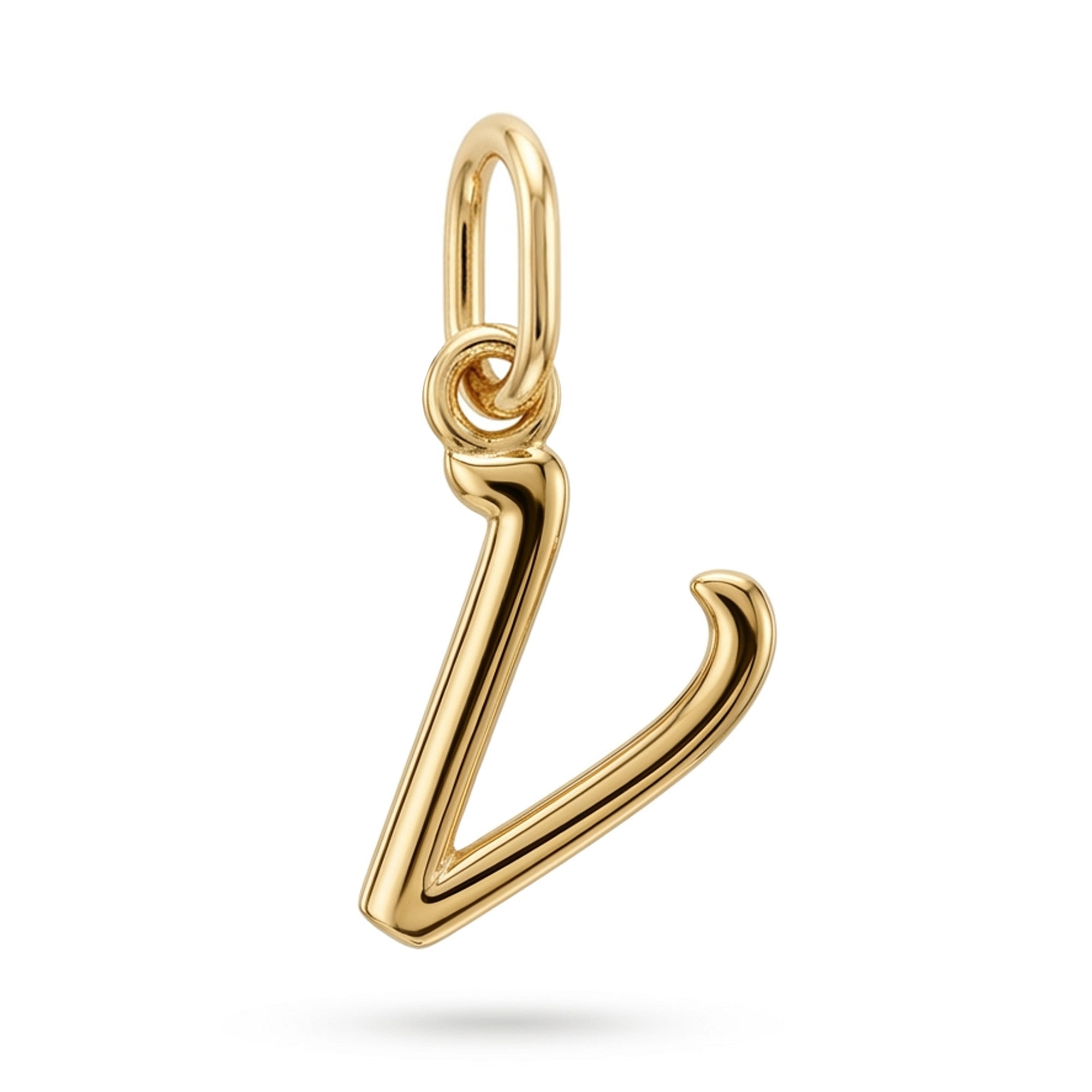 [group: v-10k-gold] A polished yellow gold initial pendant charm shaped like the letter 'V', shown on a clean white background with a soft drop shadow.