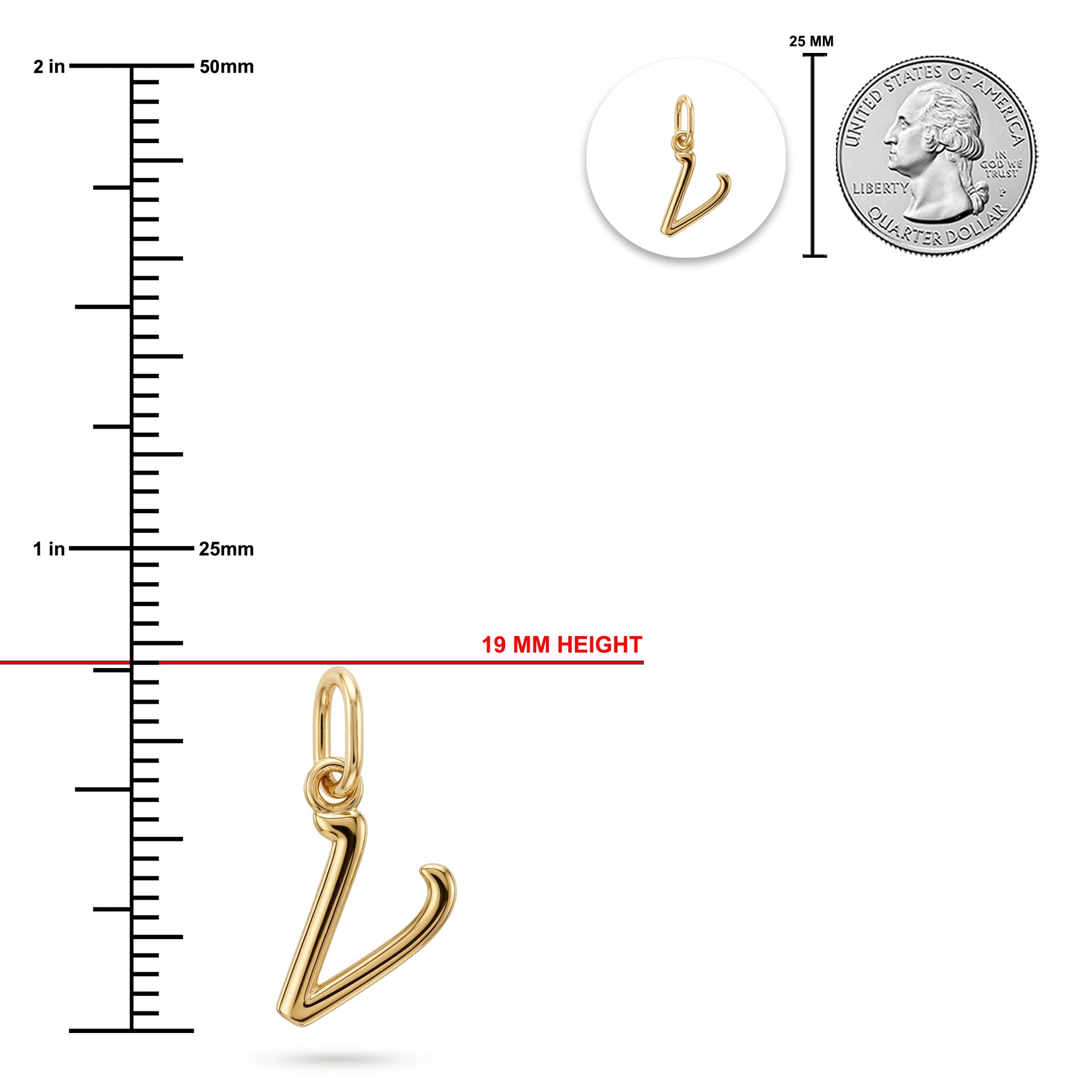 [group: v-10k-gold]Gold V-shaped charm shown with a measurement ruler, a 19 mm height red line, a small inset of the charm alone, and a quarter for scale on a white background.