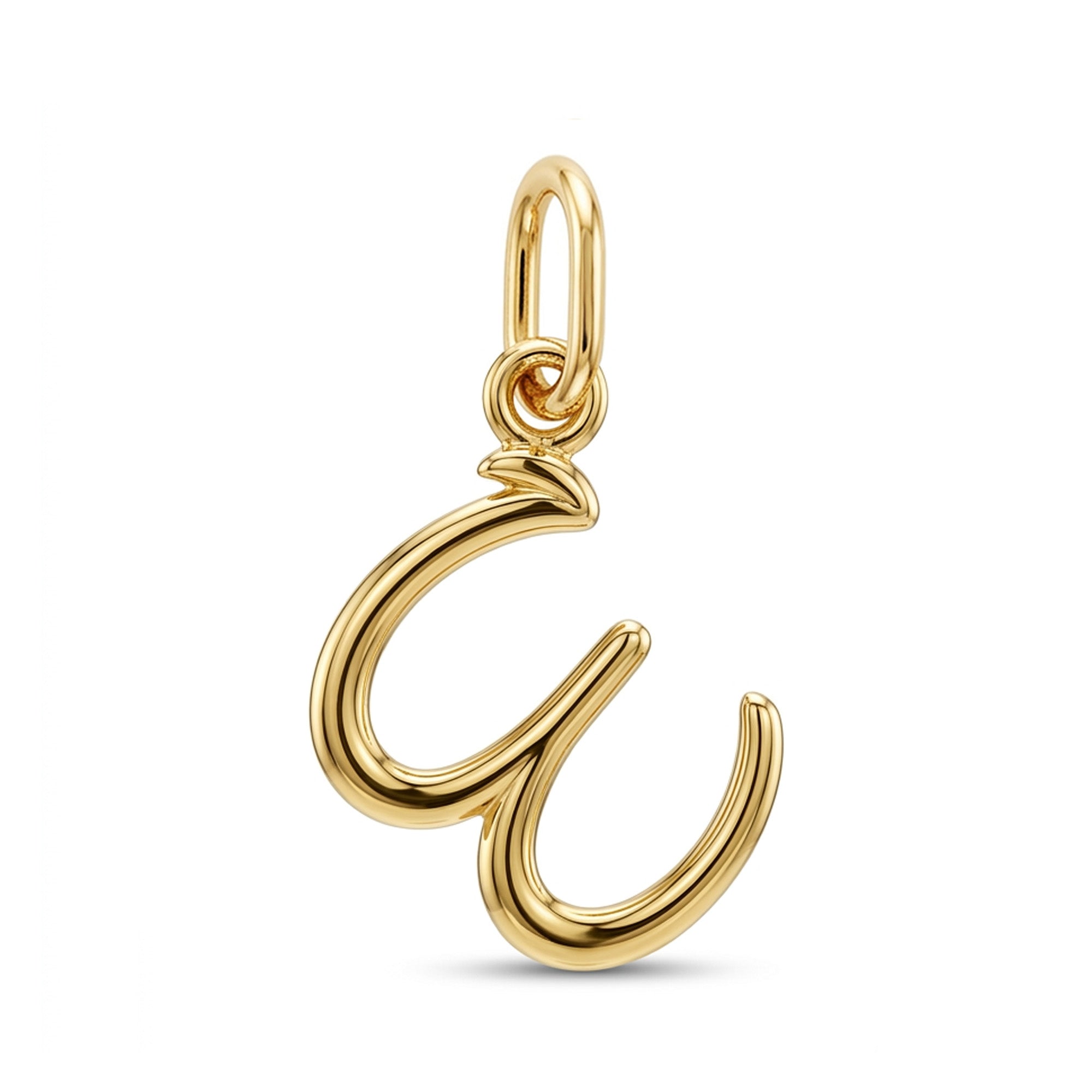 [group: w-10k-gold] A polished gold initial pendant charm shaped like the lowercase letter 'a', featuring a smooth, rounded design with a top loop for attachment, shown on a clean white background.