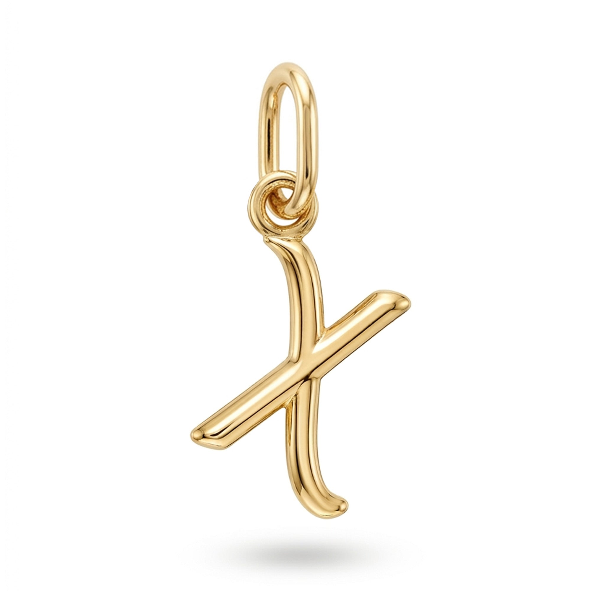 [group: x-10k-gold] A polished yellow gold initial 'X' charm pendant with a hanging loop, shown on a clean white background with a soft shadow.