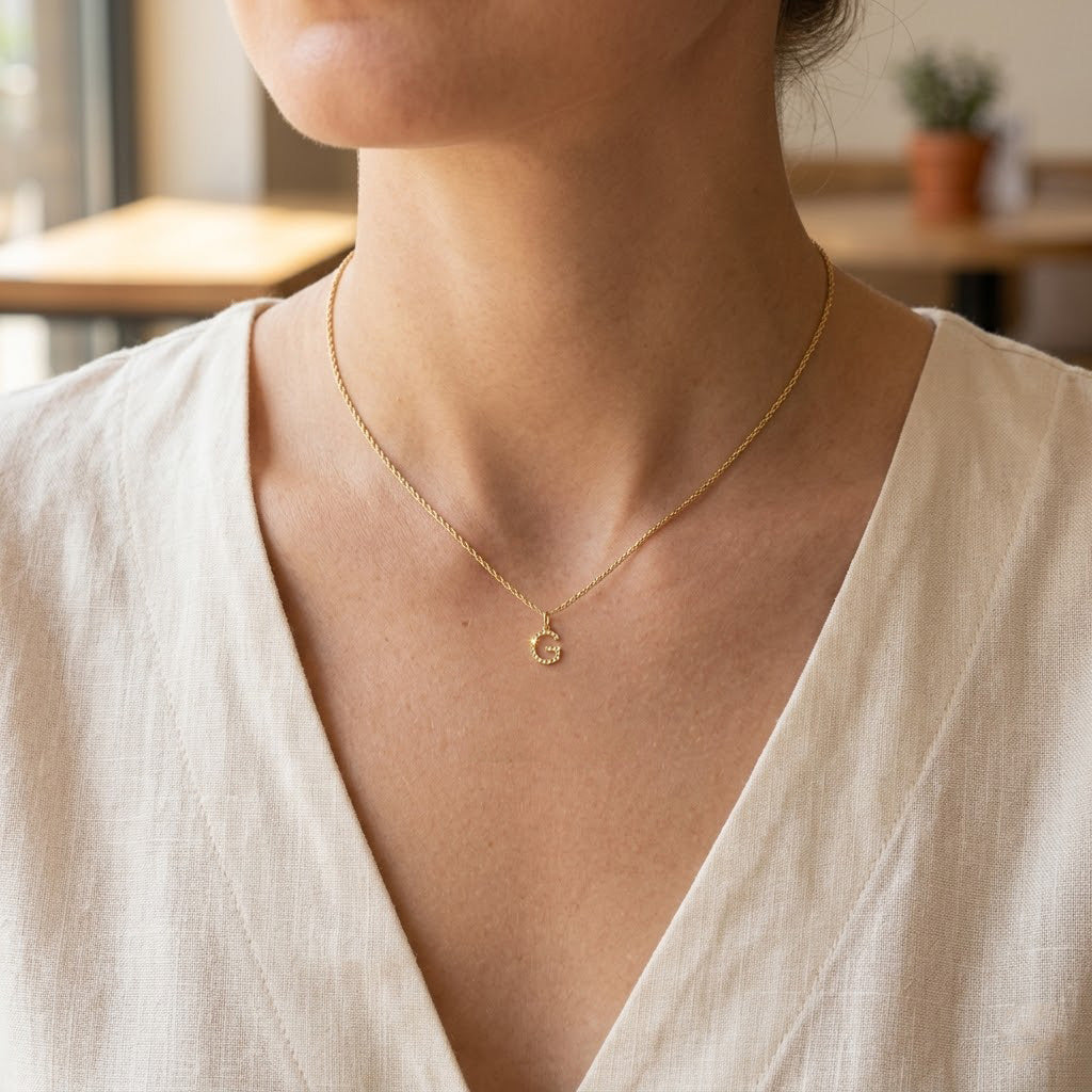 [group:g-10k-gold] Initial Pendant on model 